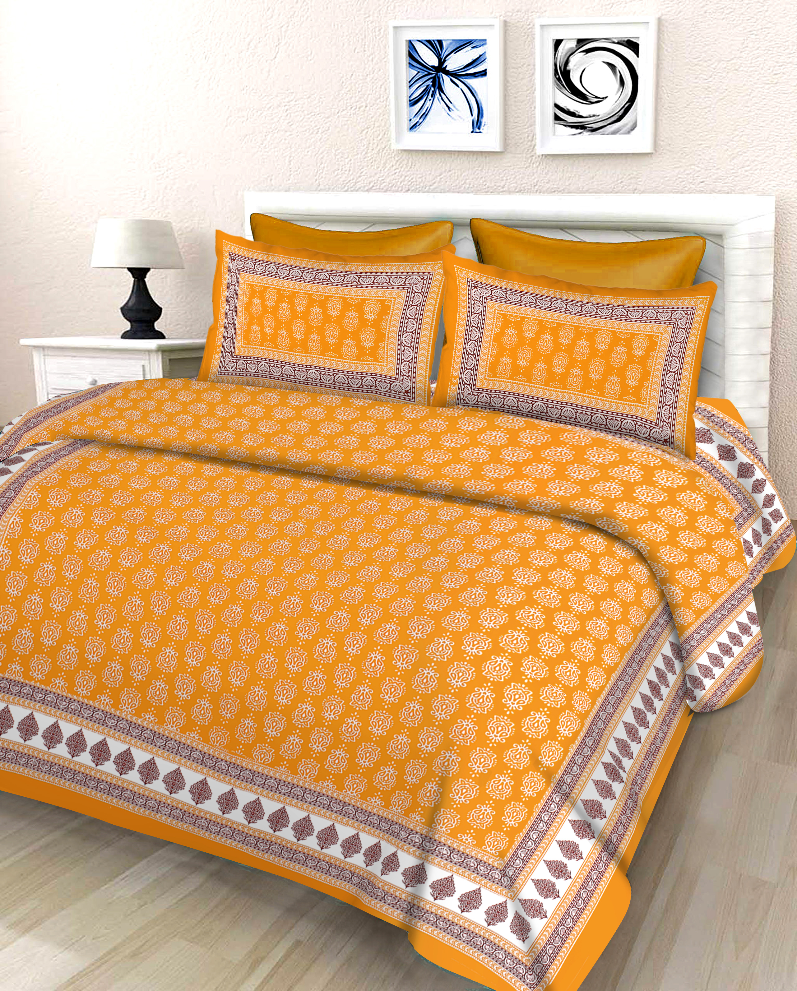 Lali Prints Yellow White Printed Cotton 130 TC Queen Bedsheet With 2 Pillow Covers