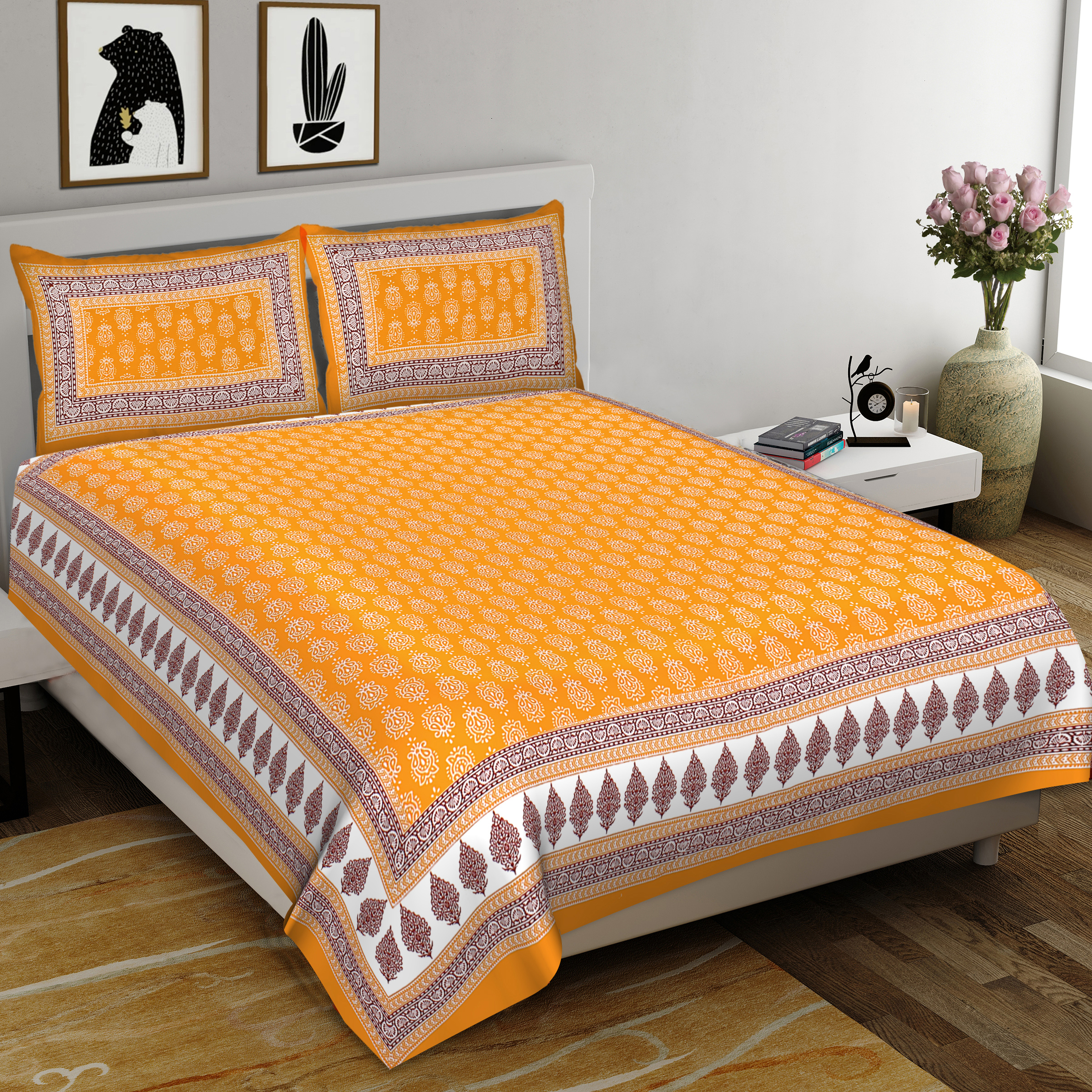 Lali Prints Yellow White Printed Cotton 130 TC Queen Bedsheet With 2 Pillow Covers view 2