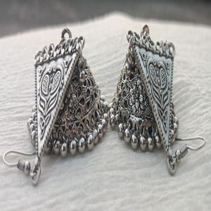oxidized silver triangle earrings with intricate detailing and ghungroo bells view 2