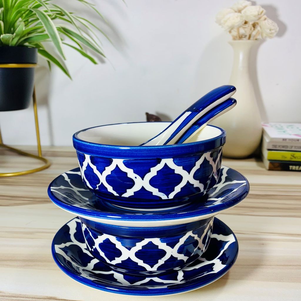 Homefrills Ceramic Glossy Finish Large Soup/Cereal Bowls with Saucer and Spoon Set of Two Glossy Finish Suitable for Soup,Cereal etc. (270ml) Set of 2 (Colour-Blue) view 2