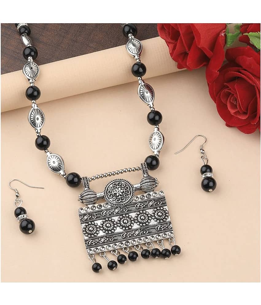 SILVERSHINE Adjustable Silver Oxidised Square Pendant Black Pearl set for Women girl