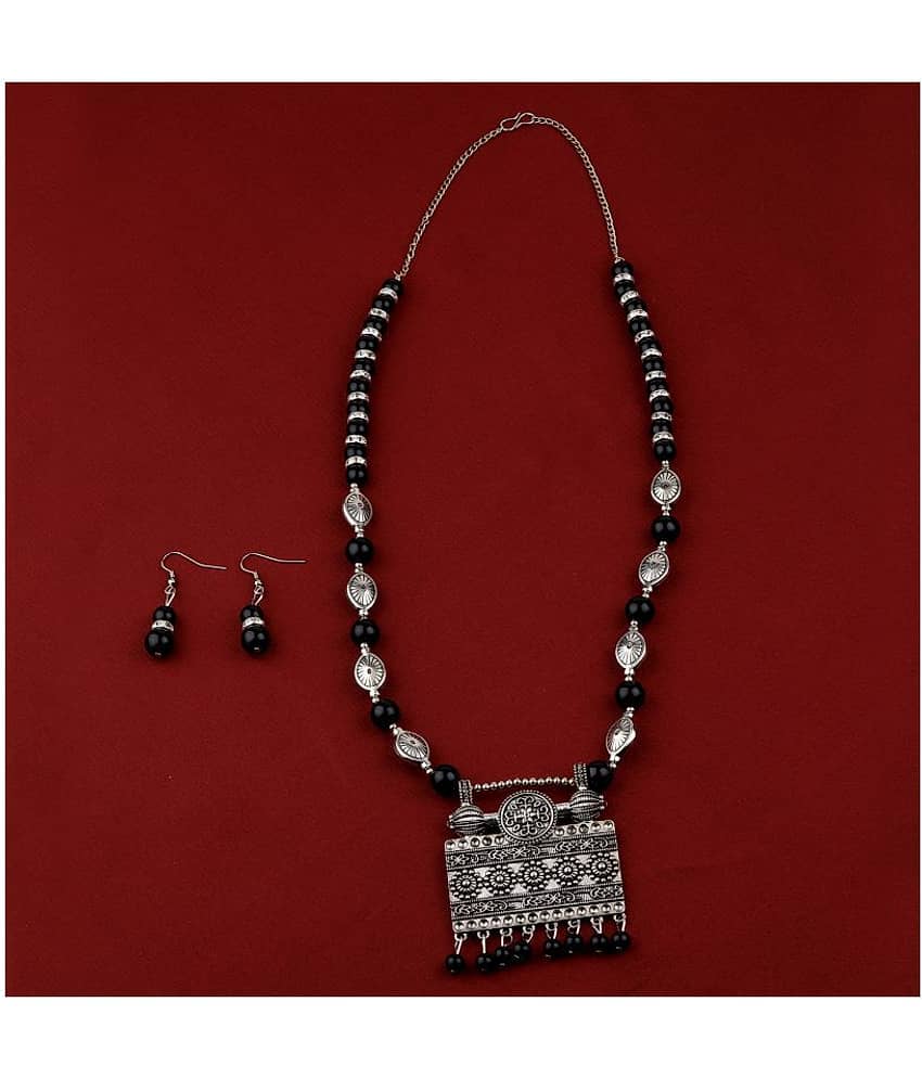 SILVERSHINE Adjustable Silver Oxidised Square Pendant Black Pearl set for Women girl view 2