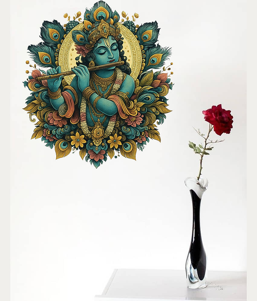 Inkfence 36 cm Krishna Flute Song With Mor Pankh Decorative Wall Sticker PVC Stickers Self Adhesive Sticker (Pack of 1)
