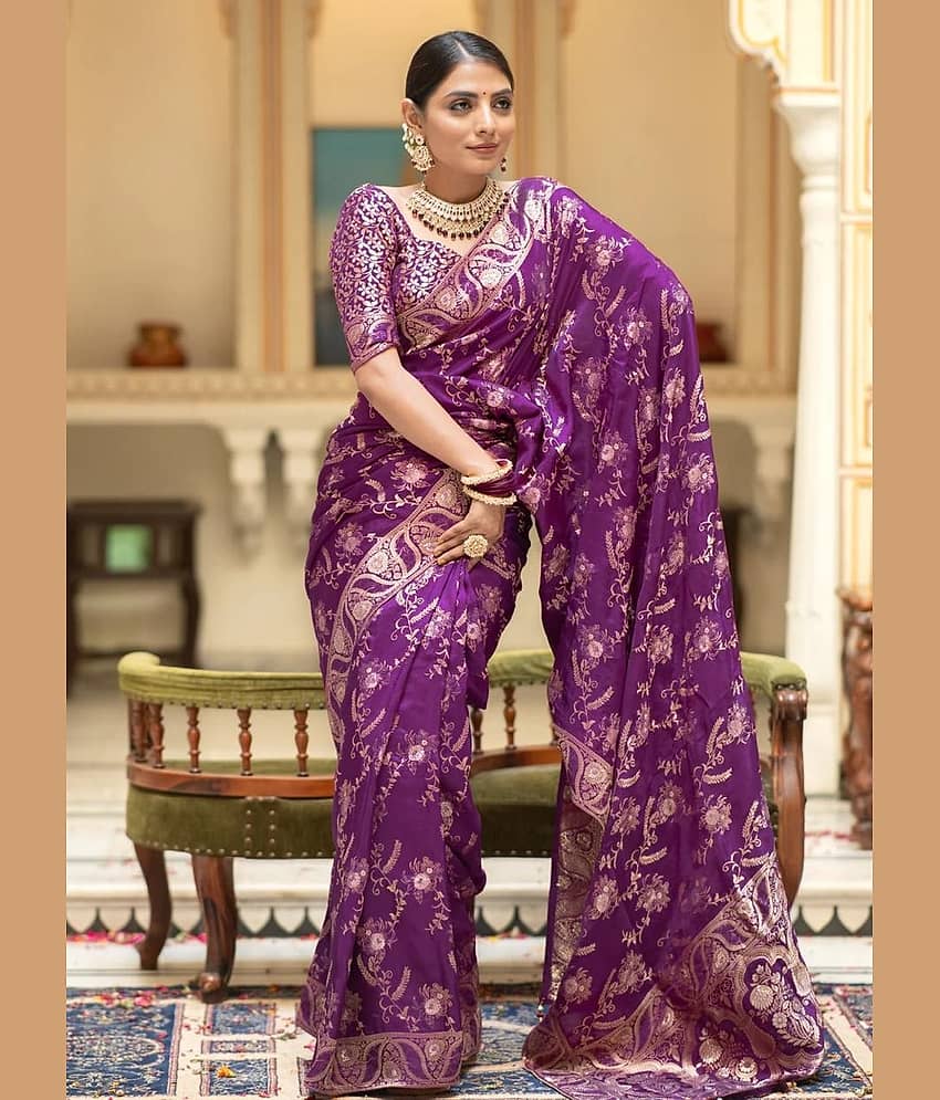 YUG ART Banarasi Silk Embellished Saree With Unstitched Blouse Piece ( Rama ) view 2