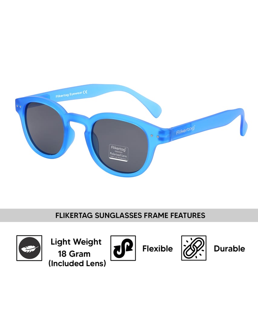 Flikertag Polarized Sunglasses With UV Protection For Men & Women | HD vision with Grey Lens [FTS 551 F2 Round Matte Blue Frame with Smoke lens, 49mm] view 2