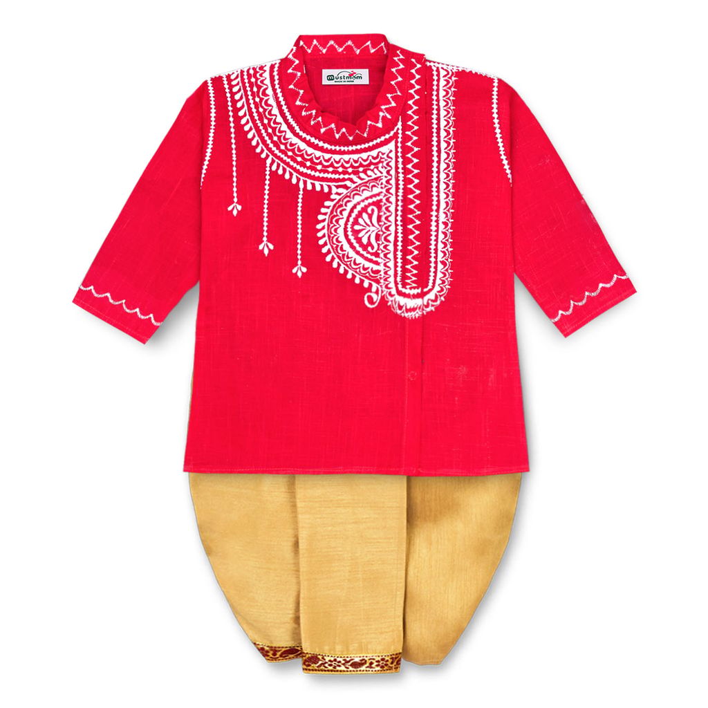 Mustmom Soft & Comfortable Traditional Embroidered Ethnic Dhoti Kurta Set for Baby Boy Annaprasana Choroonu Bhaatkhulai Rice Ceremony Weding Haldi Ceremony