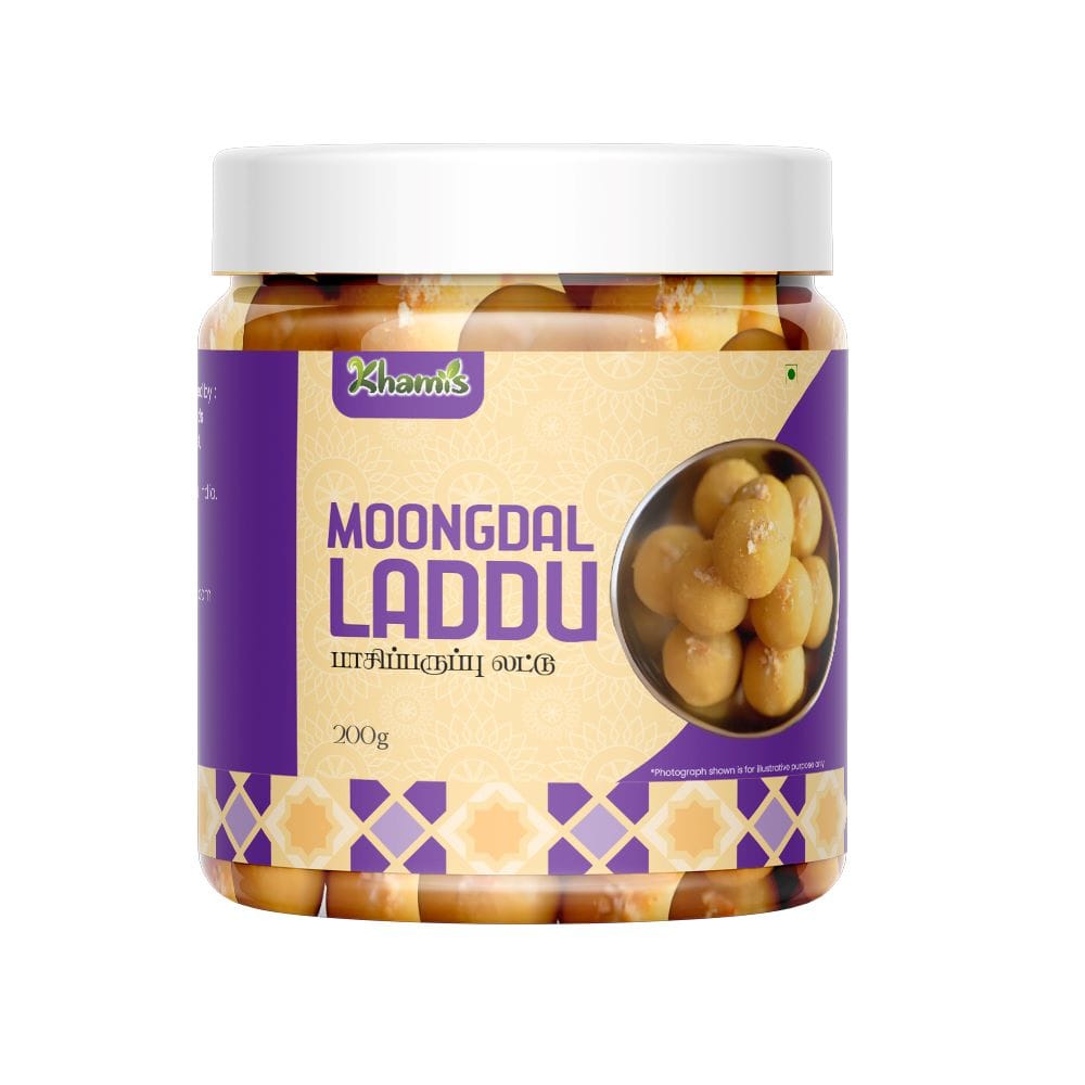 Moong Dal Laddu – Protein-Rich Traditional Sweet with Jaggery | Healthy Indian Mithai | Paasi Paruppu Laddu-A Nutritious Sweet | Khamis Healthy Foods -200g (pack of 4)