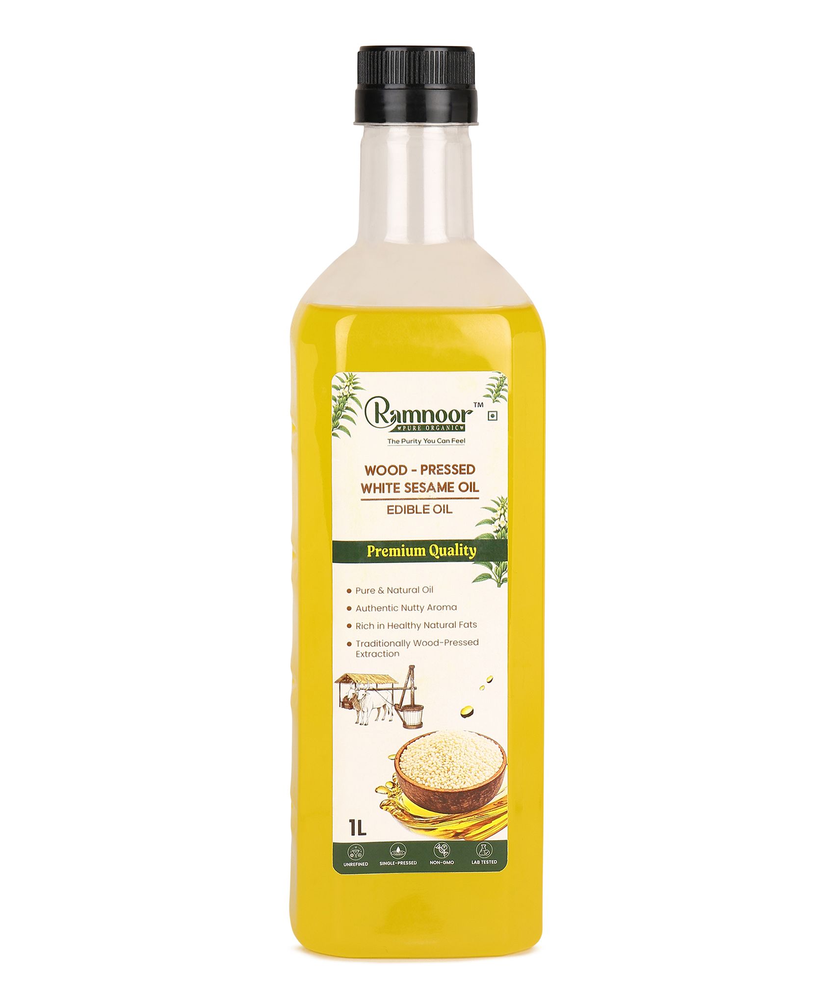 Ramnoor Pure Organic Wood Pressed White Sesame Oil 1L | Cold Pressed Kachi Ghani Til Oil | 100% Pure & Natural | Unrefined | Chemical Free | Cooking Oil