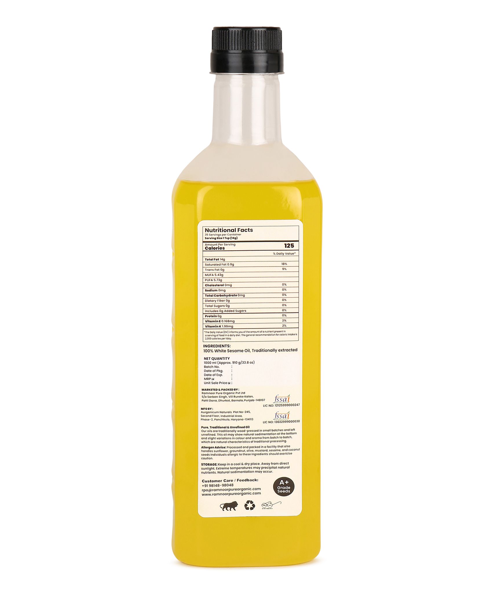 Ramnoor Pure Organic Wood Pressed White Sesame Oil 1L | Cold Pressed Kachi Ghani Til Oil | 100% Pure & Natural | Unrefined | Chemical Free | Cooking Oil view 2
