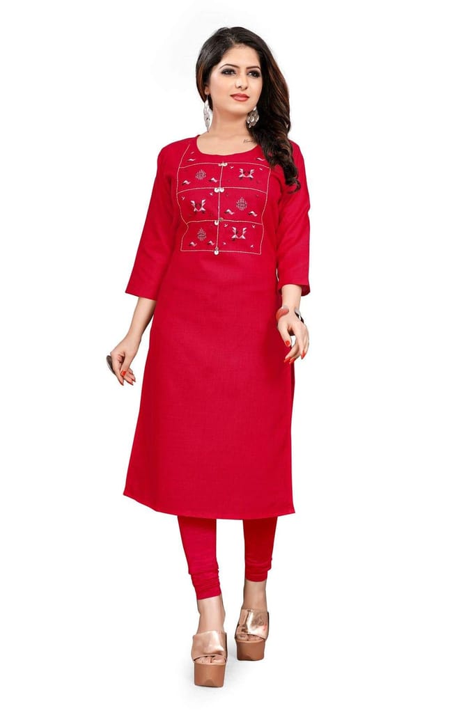STYLEOO Ruby Slub 3/4 Sleeves Embroidered Kurti for Women's (RED) (M, L, XL, XXL) view 2