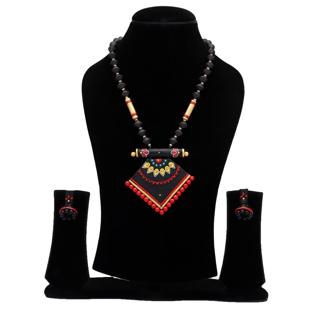 Le bijouxistic EKAM EK Rhombus necklace set with earrings for women in black and red view 2