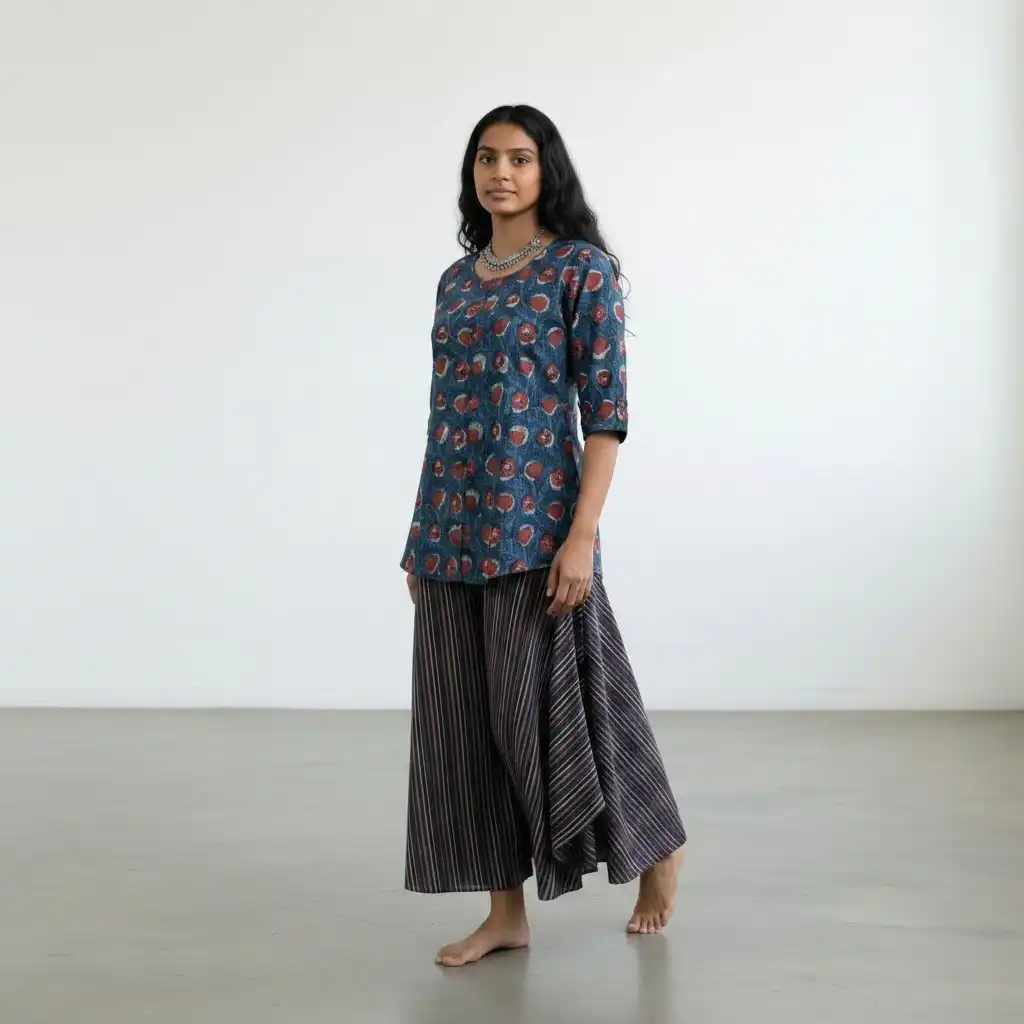 Handloom Cotton Co-Ord — Indigo Floral Top with Striped Baggy Pants view 2