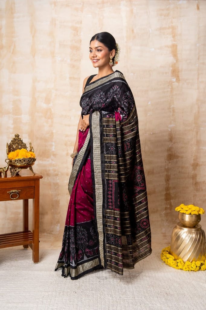 Black & Maroon Ikkat Silk Saree view 2