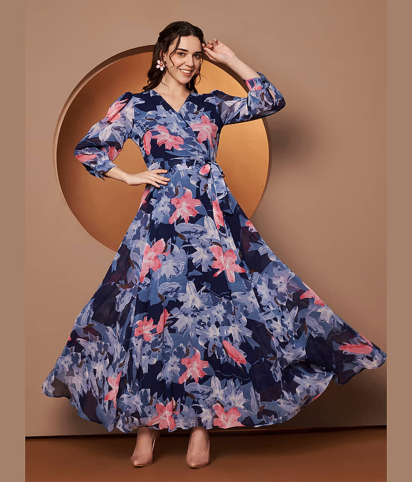 OTABU Women Georgette Printed Fit & Flare Dress ( Blue )