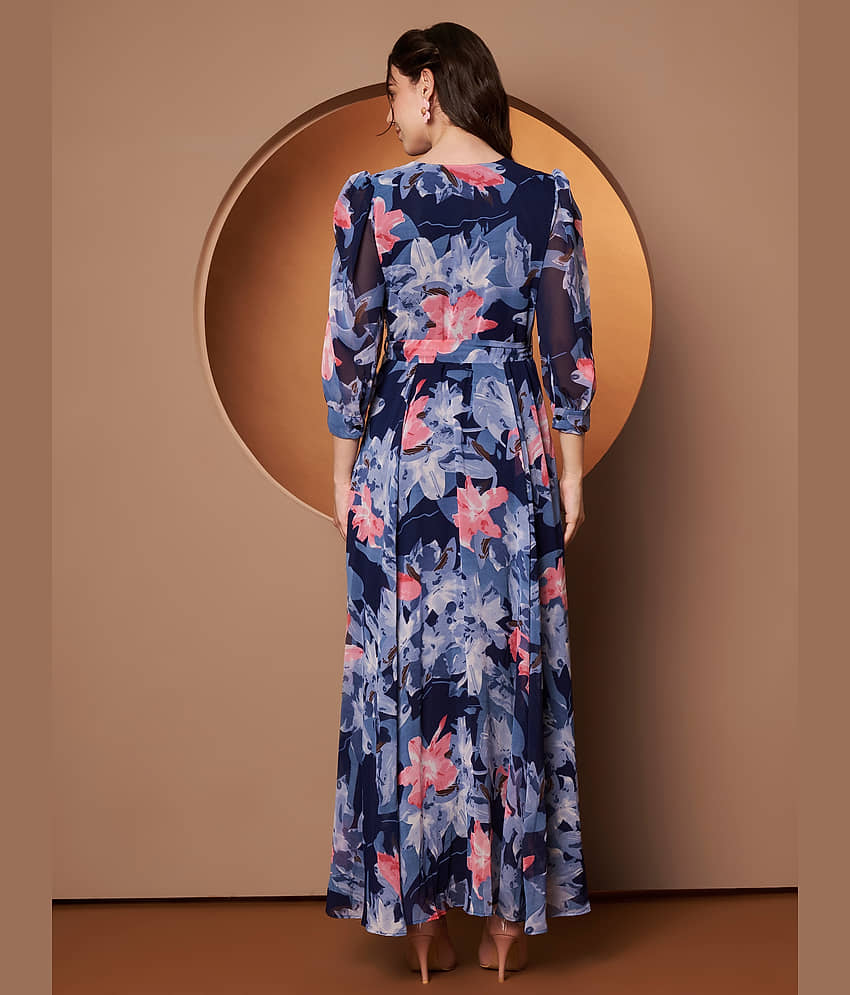 OTABU Women Georgette Printed Fit & Flare Dress ( Blue ) view 2