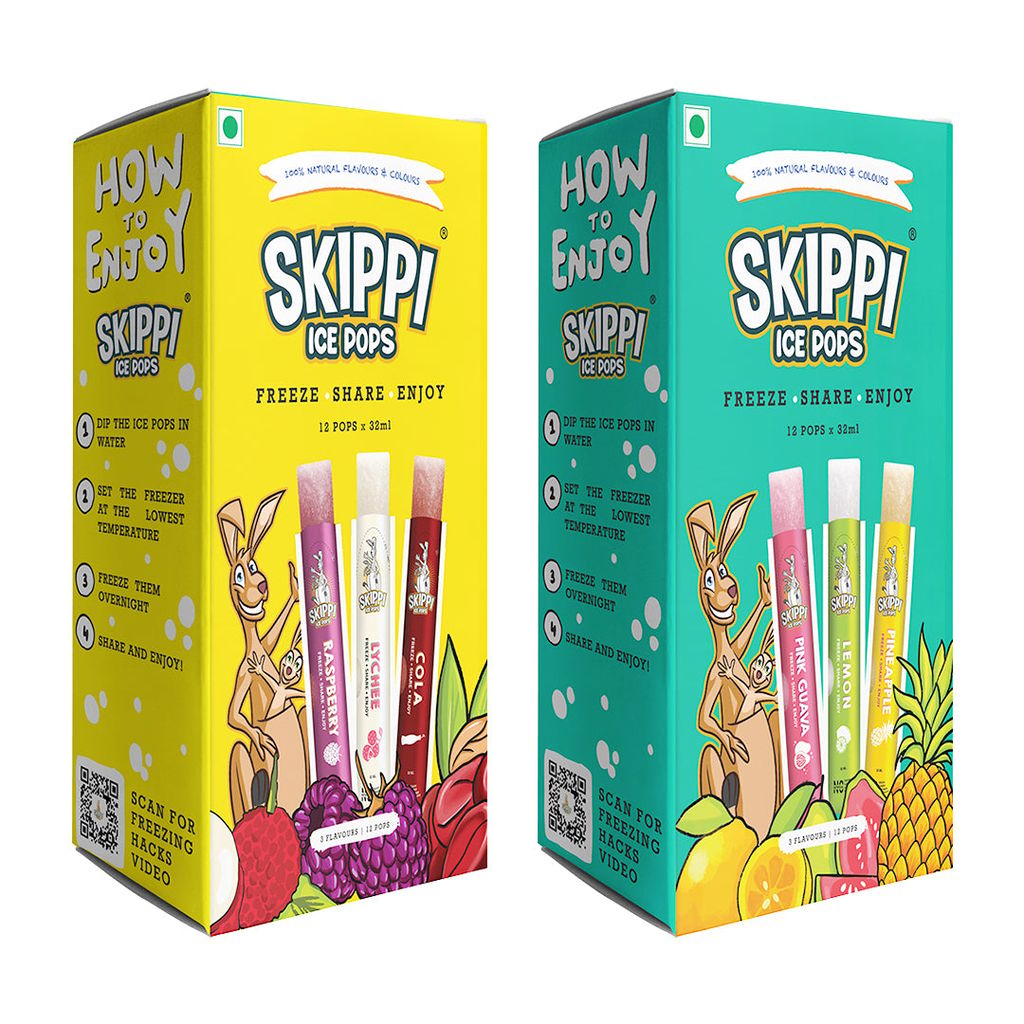 (Yellow + Green Small box )Cola,Lychee,Raspberry,Pink Guava,Lemon and Pineapple Flavor Combo of small pack of 12 +12 Skippi Ice pops of 32 ml each