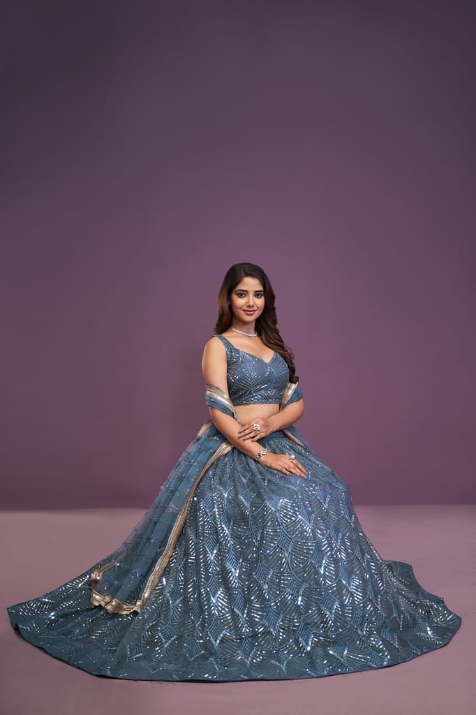 Buy Blue Embroidered Soft Net Lehenga Choli With Dupatta For Women Online view 2