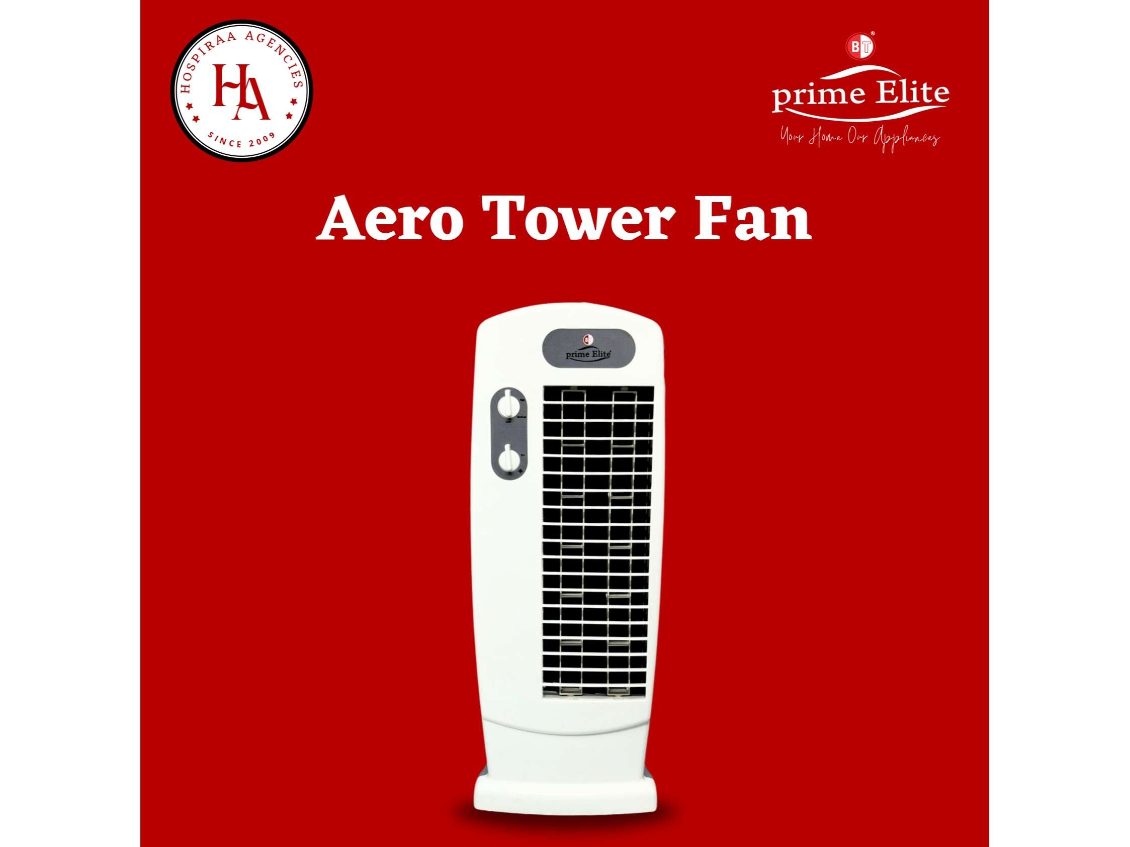 Prime Elite Aero Tower Fan Grey Blue Powerful Air Flow 3 Speed Control Wide Oscillation Low Noise Operation Space Saving Design