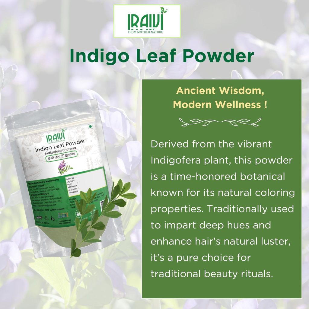 IRAIVI Premium Indigo Leaf Powder - 200g | Neeli Avuri | Neel |100% Pure Botanical Hair Color Dye for Natural Black Hair | Enhances Shine & Hair Health | Chemical-Free Solution view 2