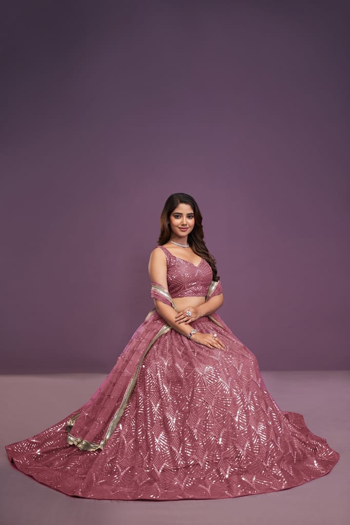 Pink Soft Net Sequence Embroidery Real Mirror Work Lehenga Choli For Women's view 2