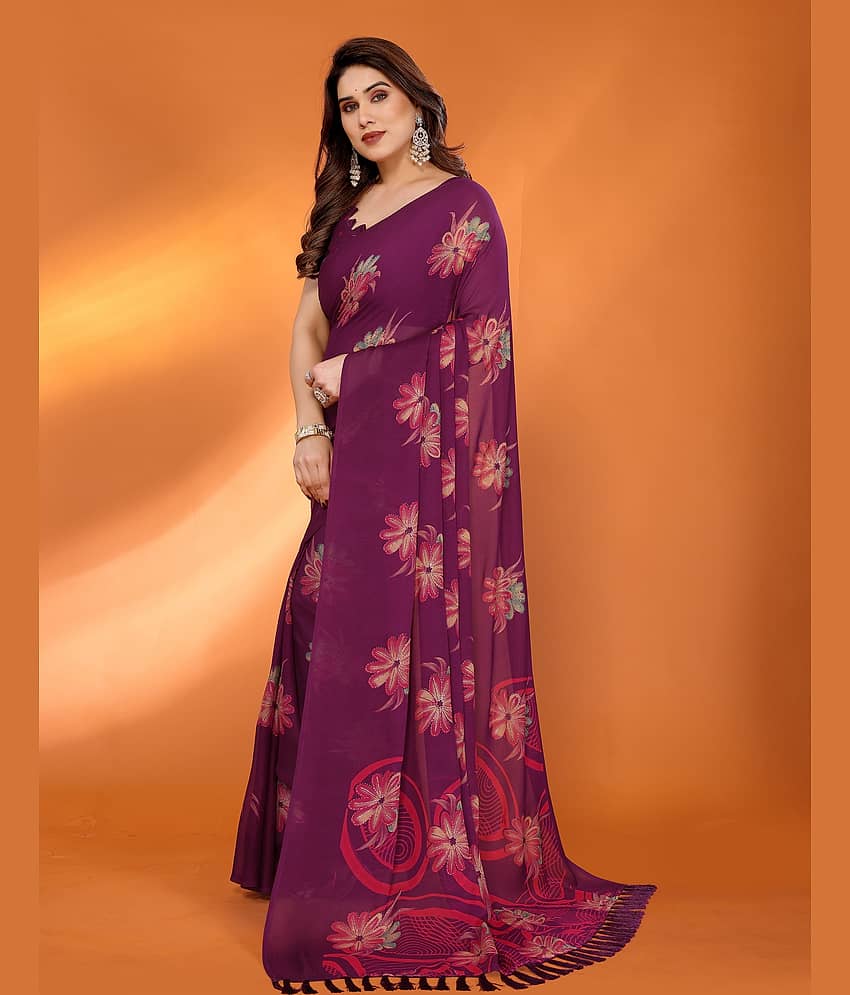 VEDANT VASTRAM Chiffon Printed Saree With Unstitched Blouse Piece ( Purple ) view 2