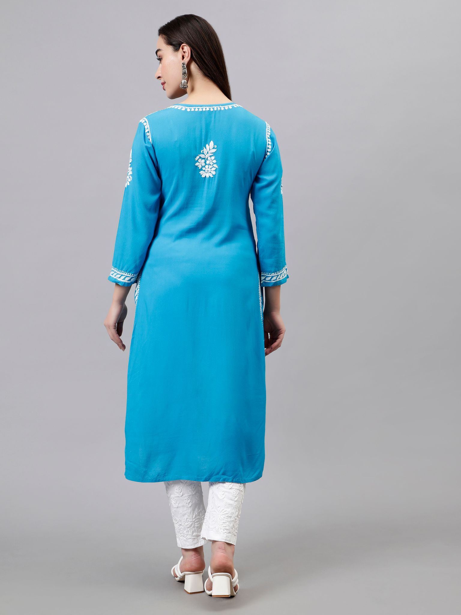Firozi Blue Rayon Chikankari Women Kurta view 2