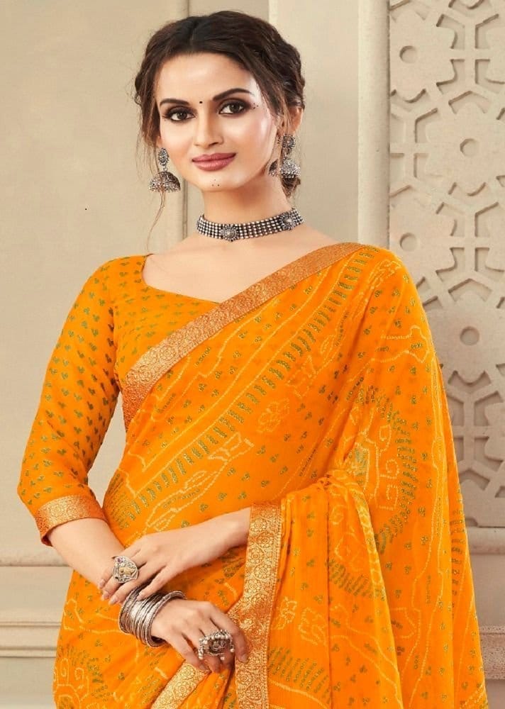 Bandhej Printed Chiffon Saree in Mustard view 2