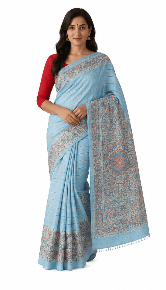 Light Blue Hand-Block Printed Tussar Silk Saree