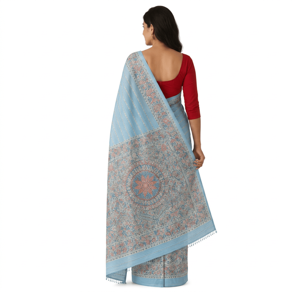 Light Blue Hand-Block Printed Tussar Silk Saree view 2