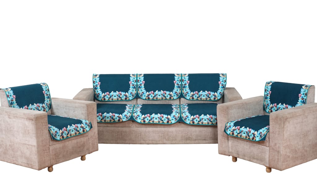 Fabricasa Modern Quilted Reversible Velvet Sofa Cover- Turquise Blue 5 Seater