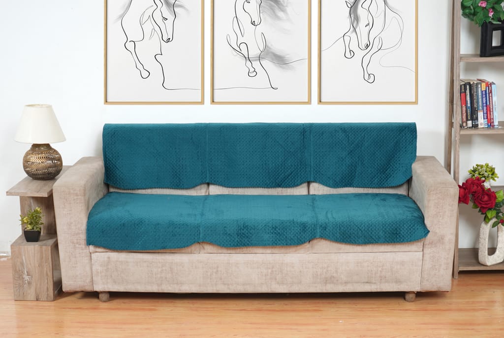 Fabricasa Modern Quilted Reversible Velvet Sofa Cover- Turquise Blue 5 Seater view 2