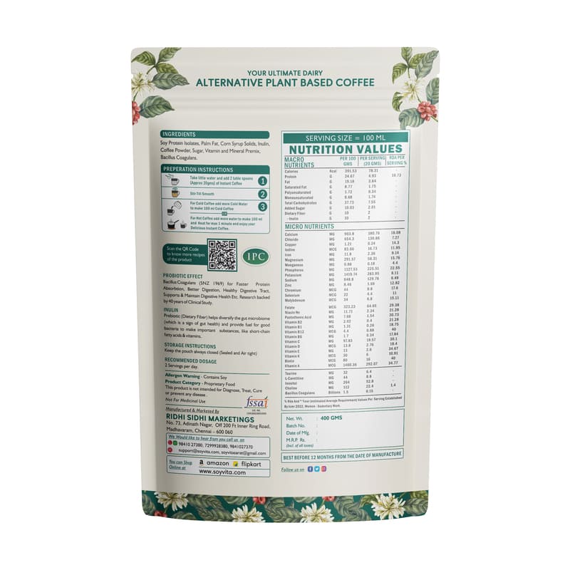 Soyvita - Plant Based Coffee, 2 Mins Instant Coffee, With Prebiotics & Probiotics, Non Dairy Coffee 400 Gms (Serves - 16) view 2