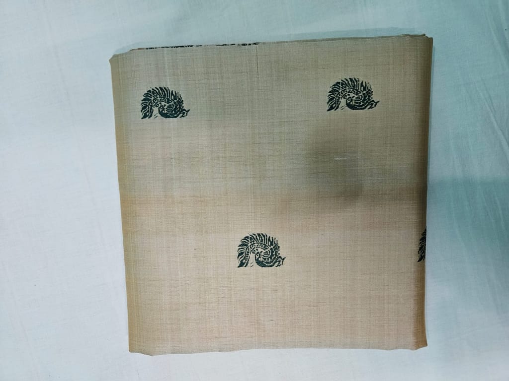 Beige and Black Hand Block Printed Pure Linen Saree