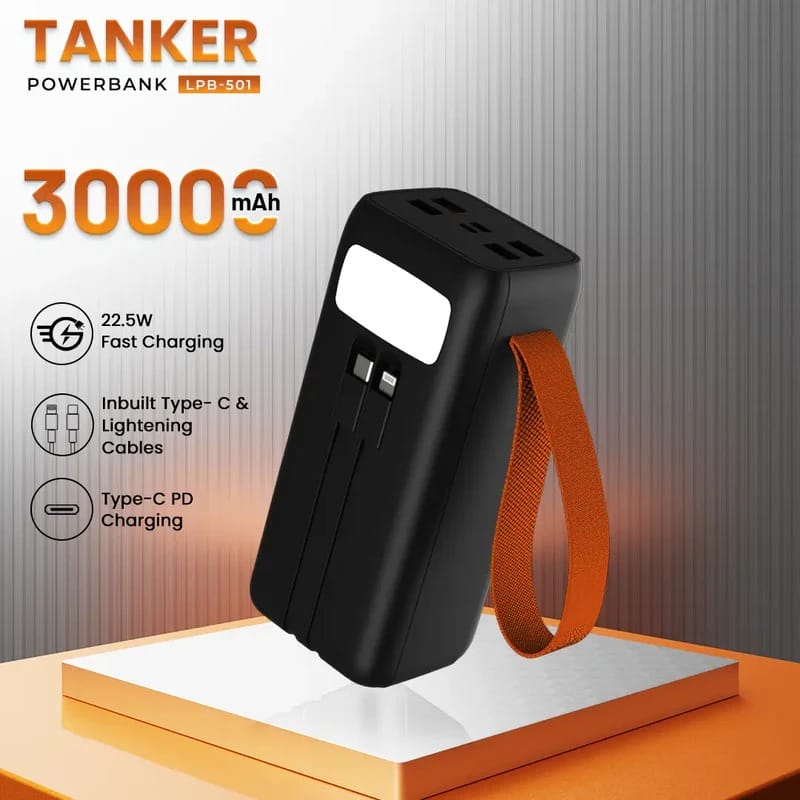 Lapcare Tanker 30000Mah Powerbank,Metallic Body|4X USB & 22.5W QC PD3.0 Type-C Micro USB Input Fast Charging with Dual Attached Cable for iPhone & Android Devices|Multi Layer Protection|Made in India view 2