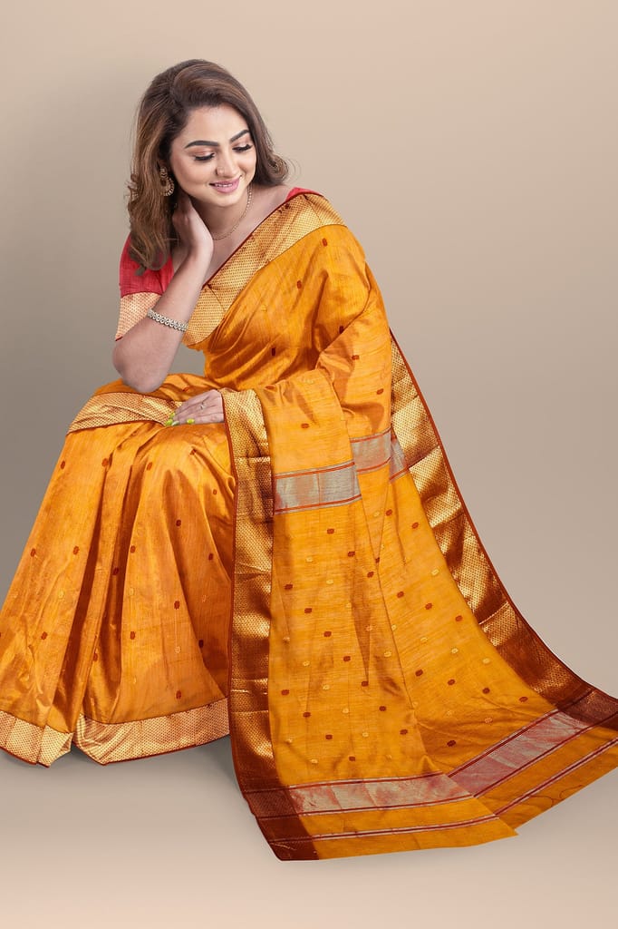 Mustard Yellow Rui Buti Handwoven Sausar Silk with Zari Border Saree SKU-BS10046 view 2