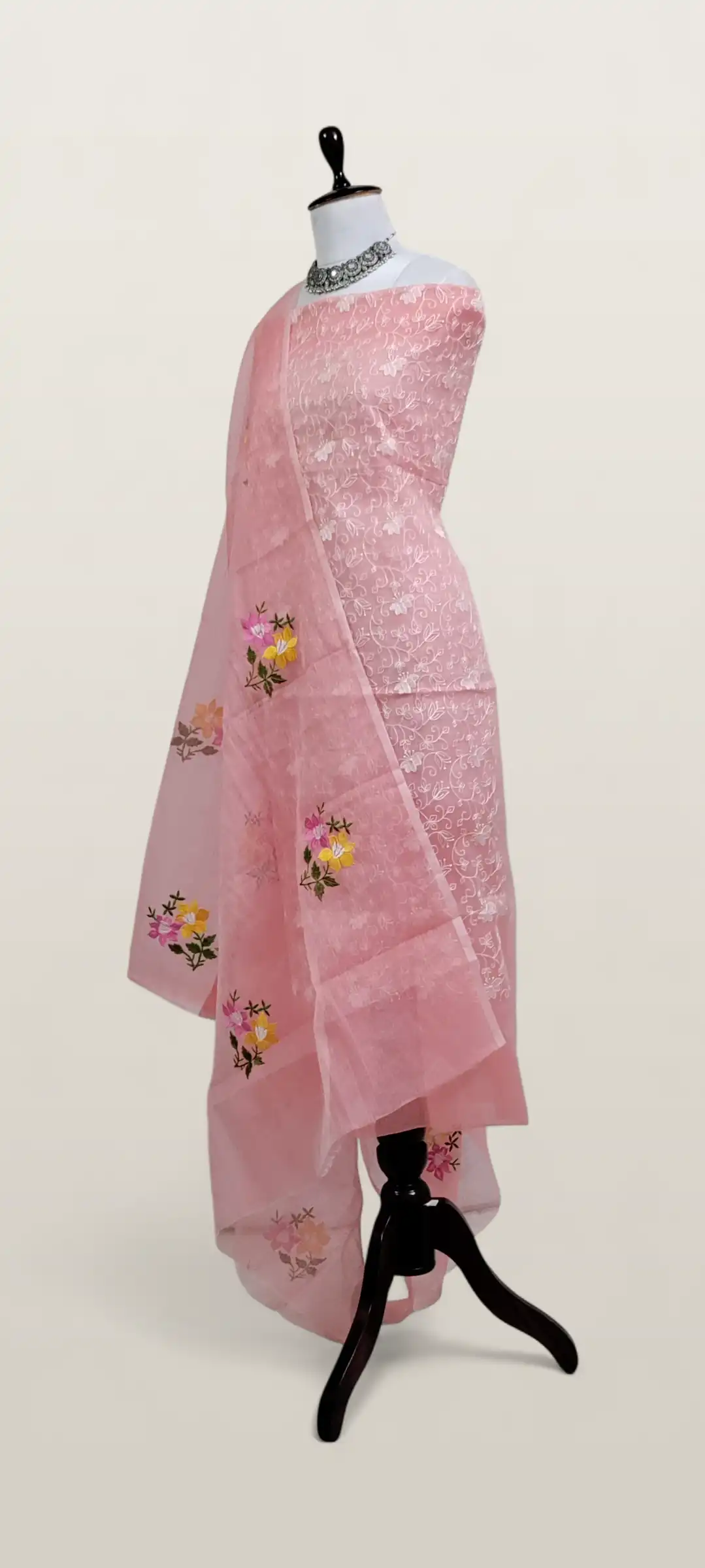 Kota Doria Dress Material Peach White Floral Jaal view 2