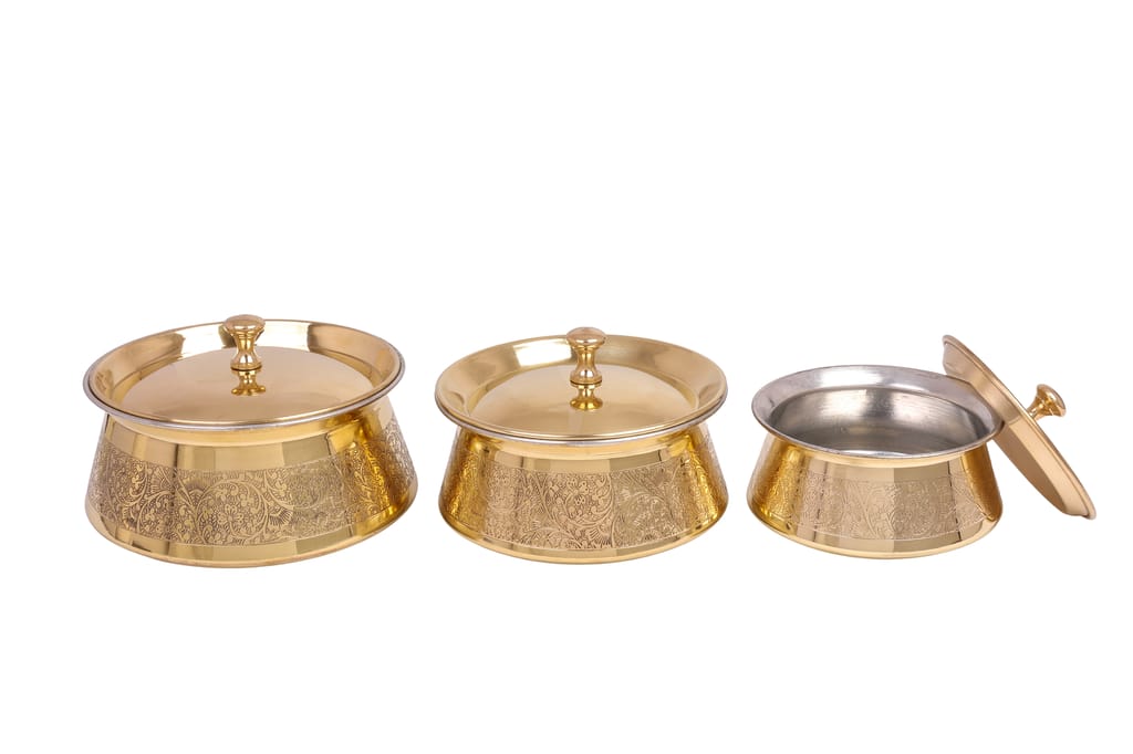 Handcrafted Brass Handi with Lid | Tin-Coated Healthy Cookware | Cook & Serve | Pack of 3 (Small, Medium & Large) view 2