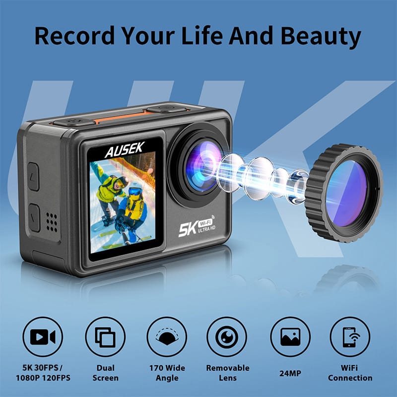AUSHA 5K Ultra HD Action Camera, Dual Screen, 170° Wide Angle, Wi-Fi & EIS Anti-Shake, Vlogging Action Camera view 2