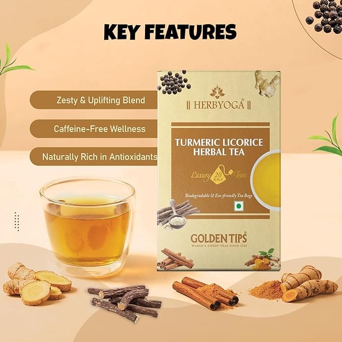 Golden Tips Turmeric Mulethi Herbal Tea, Soothing Caffeine-Free Tea with Ginger, Cinnamon & Black Pepper Nourishing Blend for Immunity, Digestion & Relaxation view 2