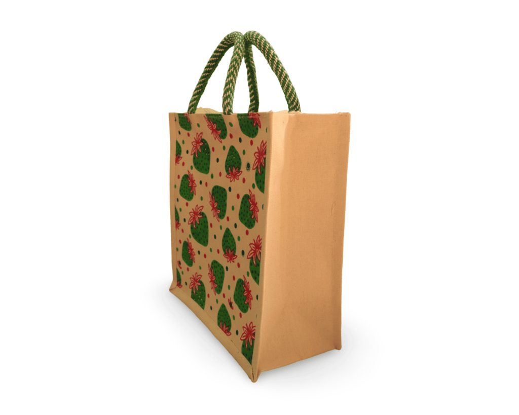 Eco-Friendly Strawberry Print Jute Tote Bag with Zipper and Handles view 2