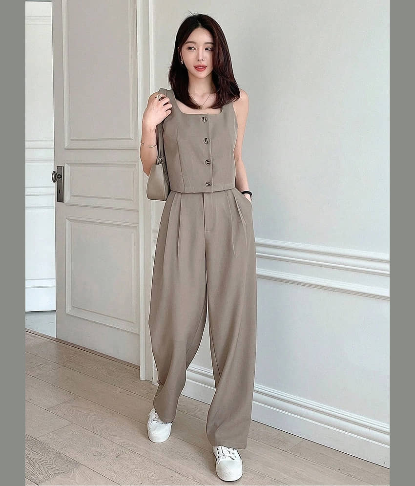 kotty Women Solid Shirt With Trousers Co-Ord Set ( Brown )