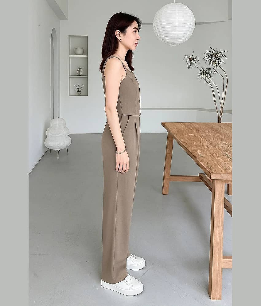 kotty Women Solid Shirt With Trousers Co-Ord Set ( Brown ) view 2