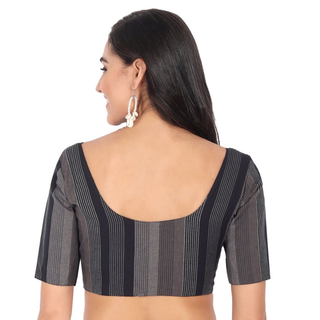 Cotton Stripe Normal Elbow Length Sleeve Blouse, Black view 2