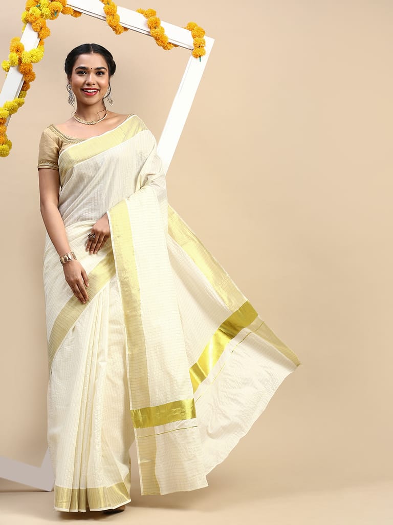 Kerala Saree Cream Gold Jari Border with Stripes self design KS89 view 2