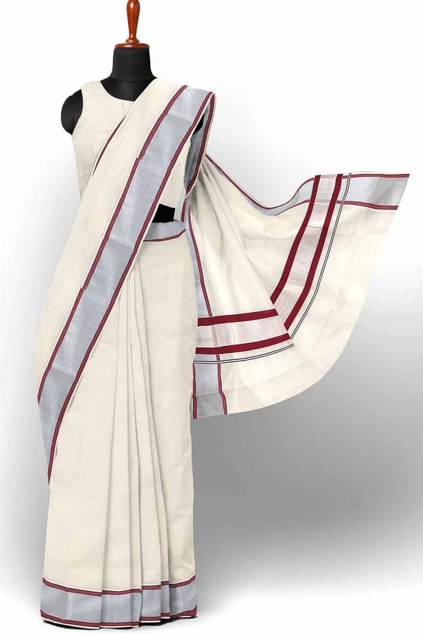 Kerala Kasavu Saree with Maroon and Silver Border view 2