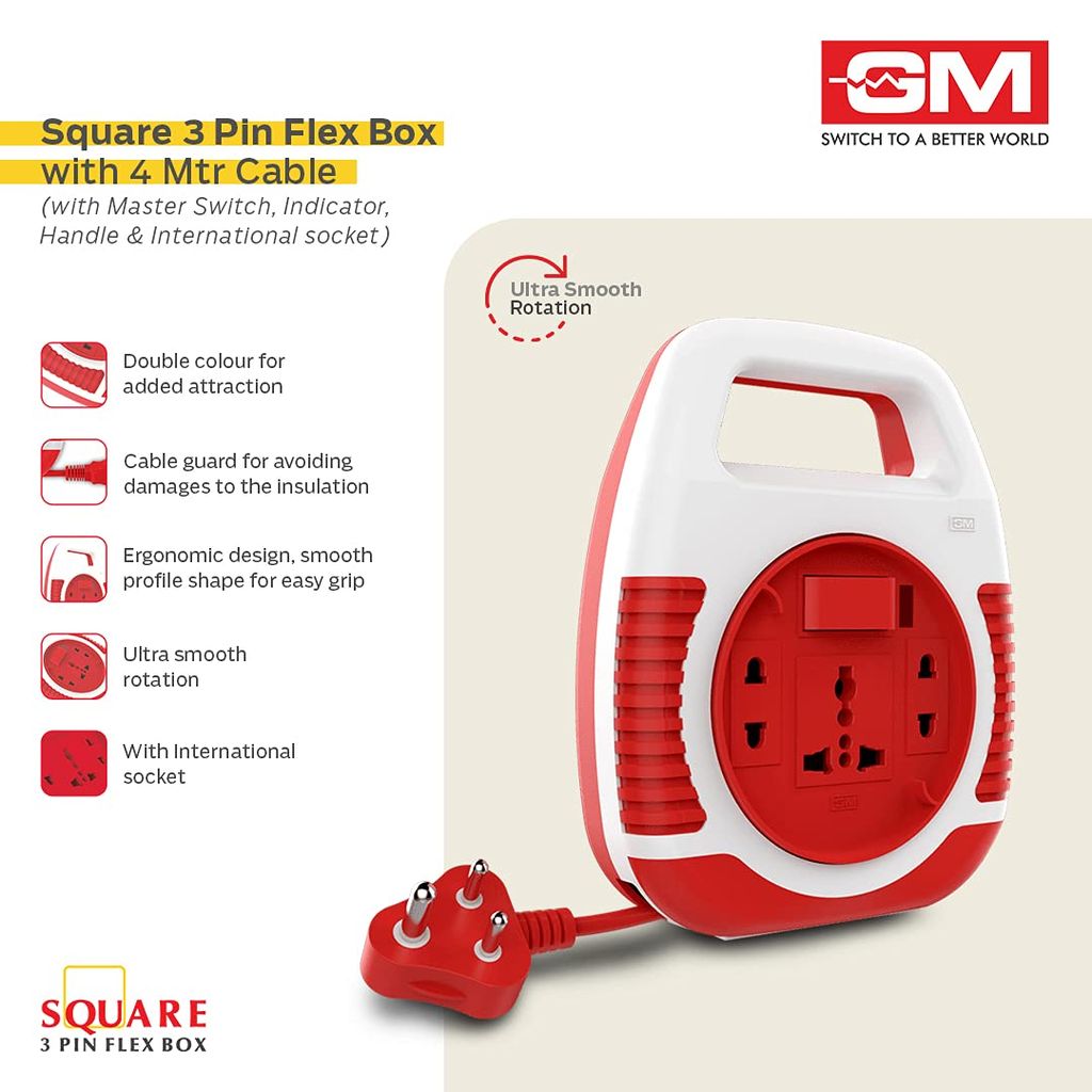 GM 3045 Square 3 Pin Flex Box 4 Mtr. with Handle, Indicator & international socket view 2