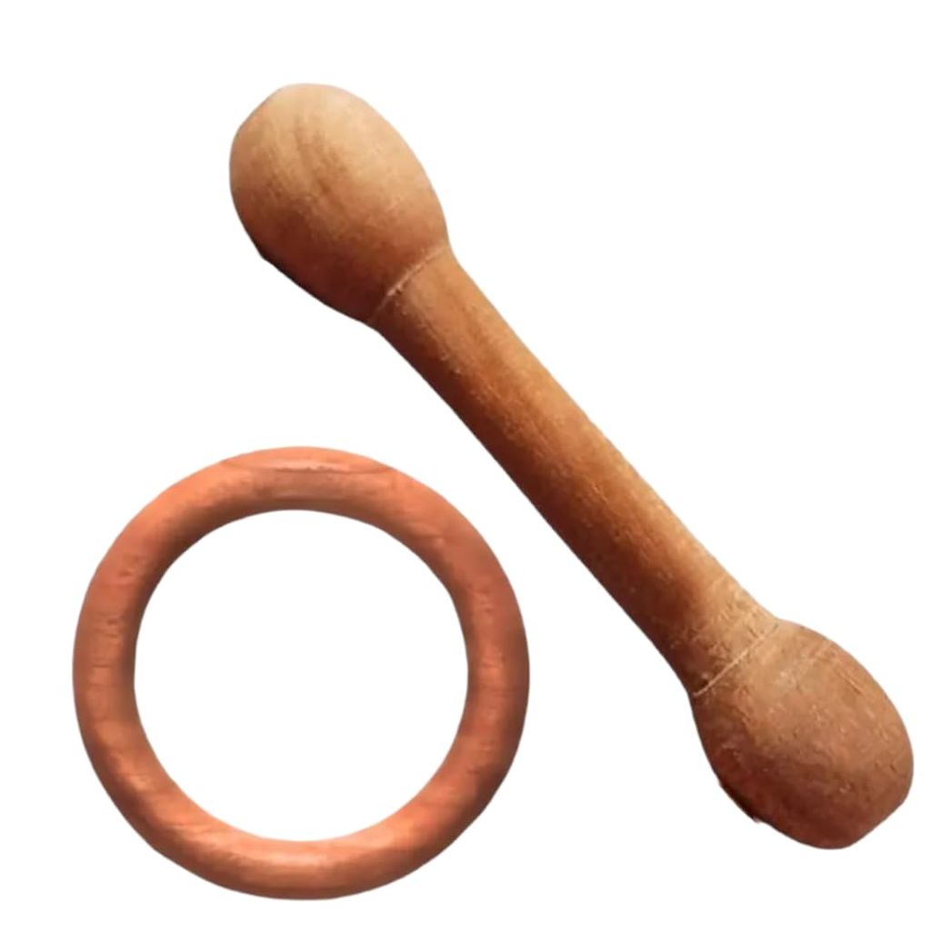 Shreeja Shilpcraft Teether Neem Wood Baby Teething Rings, Set of 2 (Stick + Ring)