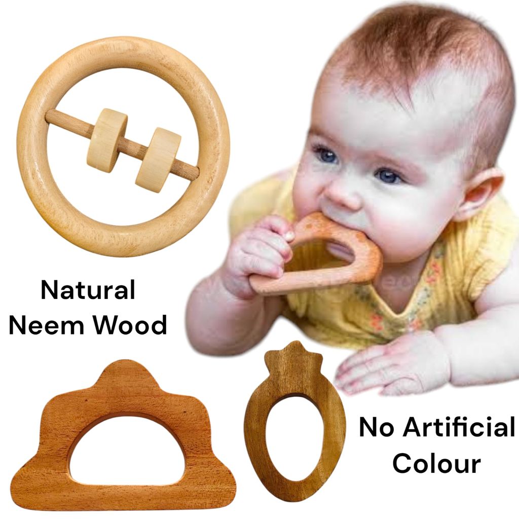 Shreeja Shilpcraft Teether Neem Wood Baby Teething Rings, Set of 2 (Stick + Ring) view 2