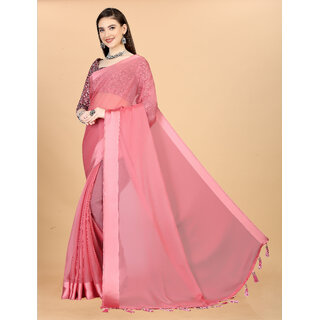 Pink Colour Chiffon Solid Printed Saree With Blouse Piece view 2