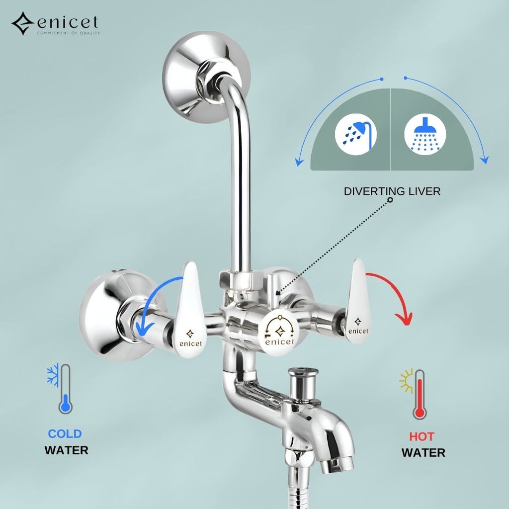 Enicet 3 in1 Wall Mixer with Overhead Shower and Handshower, Brass Build, Chrome Plated, 3 Function Handshower view 2